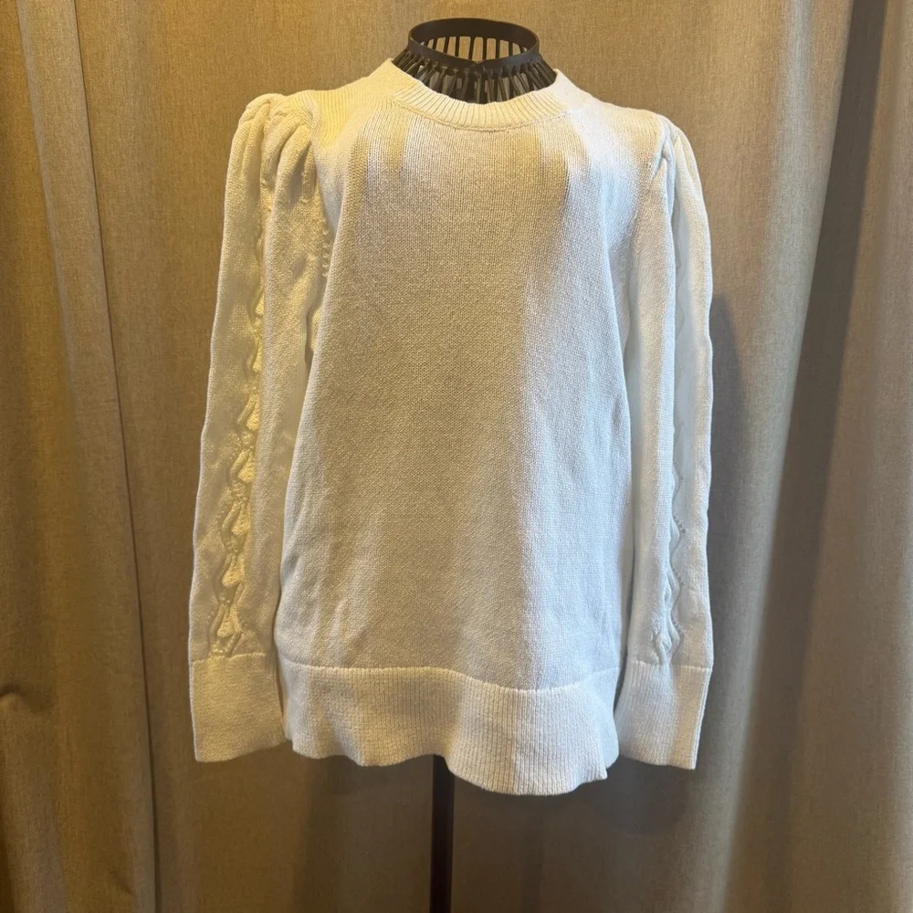 Talbots - White 100% Cotton - Puff Sleeve - Cable Knit Sweater - Large - Picture 3 of 10